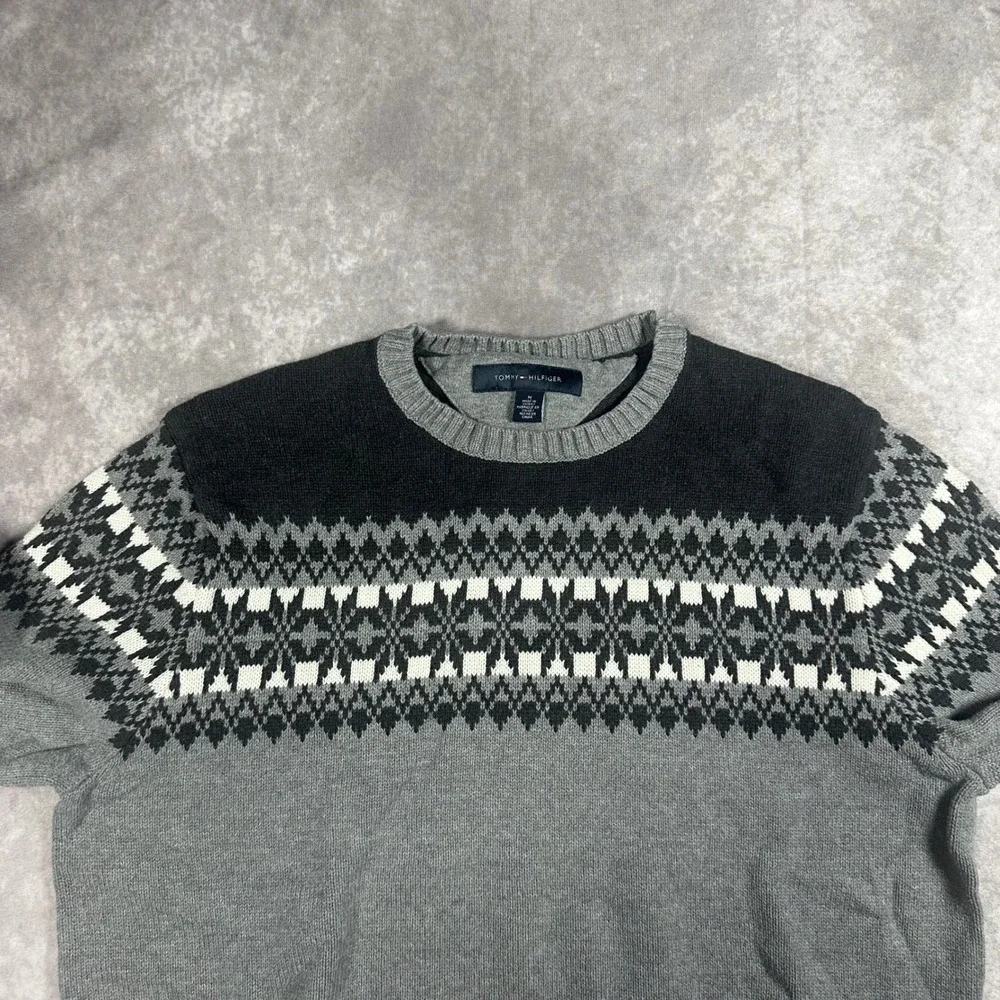 Tommy Hilfiger Mens M Grey Black Fair Isle Cotton Knit Crewneck Sweater Preppy